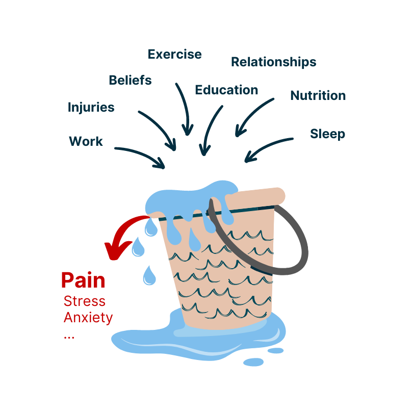 Illustration of the 'Threat Bucket' overflowing with stressors like work, injuries, beliefs, exercise, education, relationships, nutrition, and sleep. Water spills over the bucket, symbolizing the body's response as pain, stress, and anxiety when the threshold is exceeded.